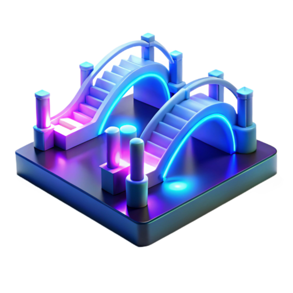 Neon Glowing Bridges 3D Render of Double Arch Staircase png