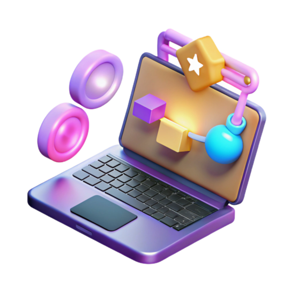 Laptop with 3D Design Elements Colorful Blocks and Connections png