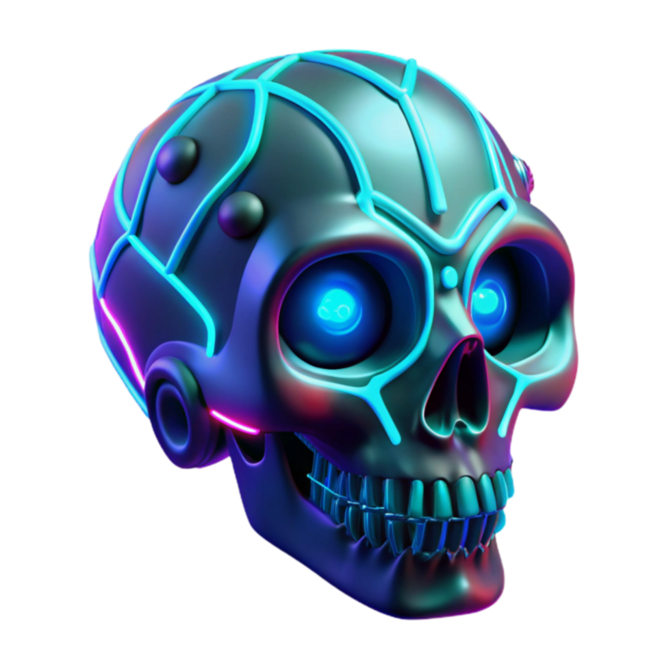 Neon Skull Cybernetic Head with Glowing Lights png