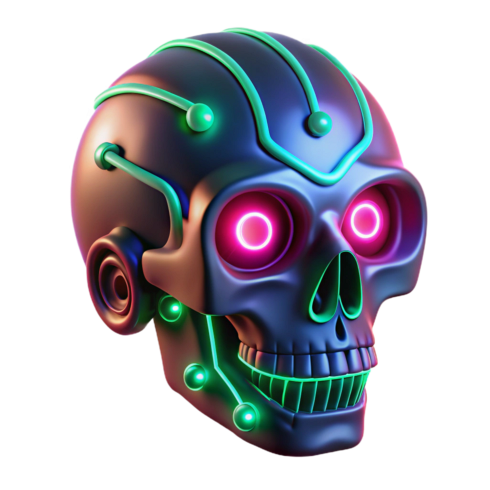 Neon Skull Robot Cyberpunk 3D Render png
