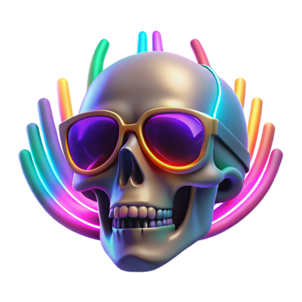 Neon Skull with Sunglasses Psychedelic 3D Render png