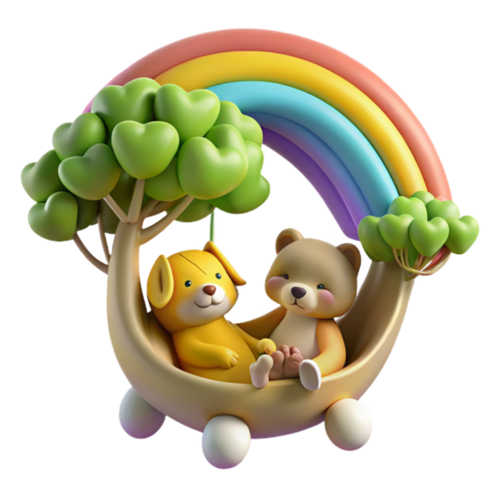 Rainbow, Heart-Shaped Tree, Cute Animals, Playful Scene, Whimsical Illustration, Adorable Friends, Joyful Mood, 3D Render, Childlike Charm, Happy png
