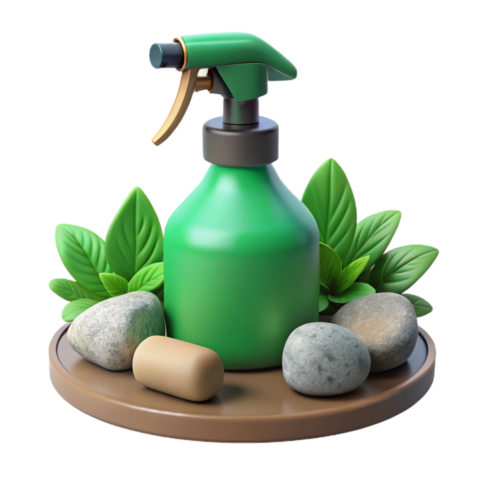 Green Spray Bottle with Leaves and Stones png