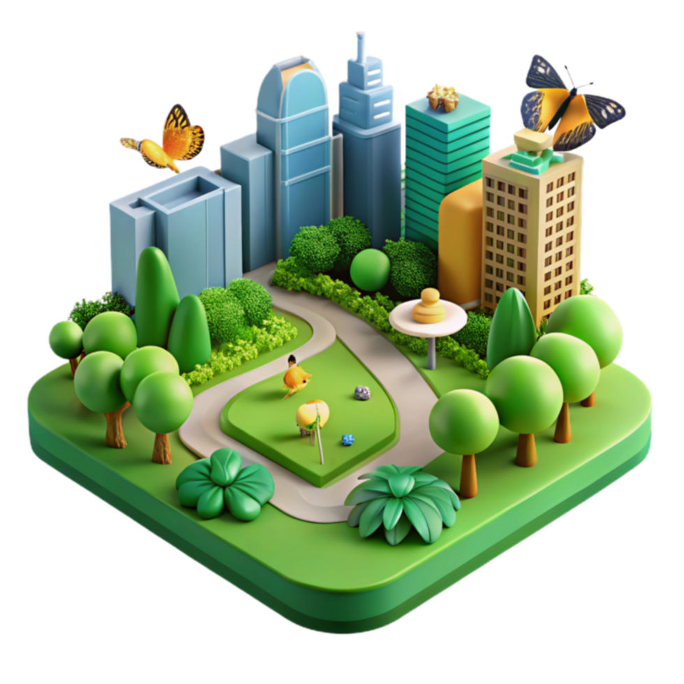 Urban Park Cityscape with Butterfly and Green Space png