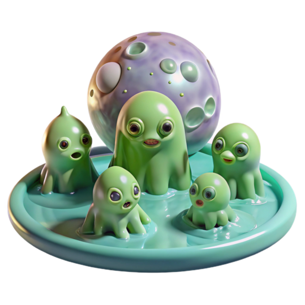 Cute Alien Creatures in a Pool by a Moon png