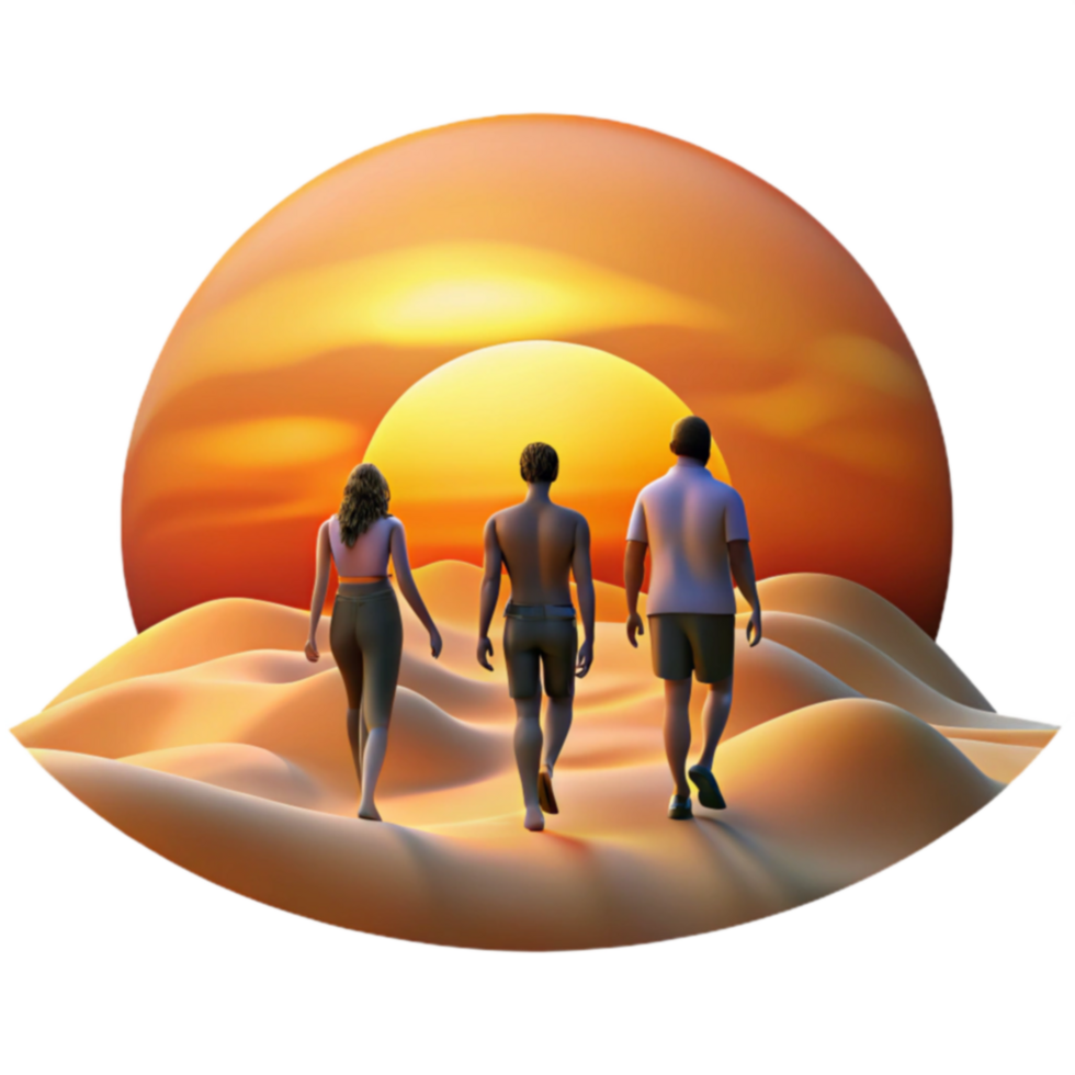 Sunset Desert Journey Friends Walking Towards the Horizon png