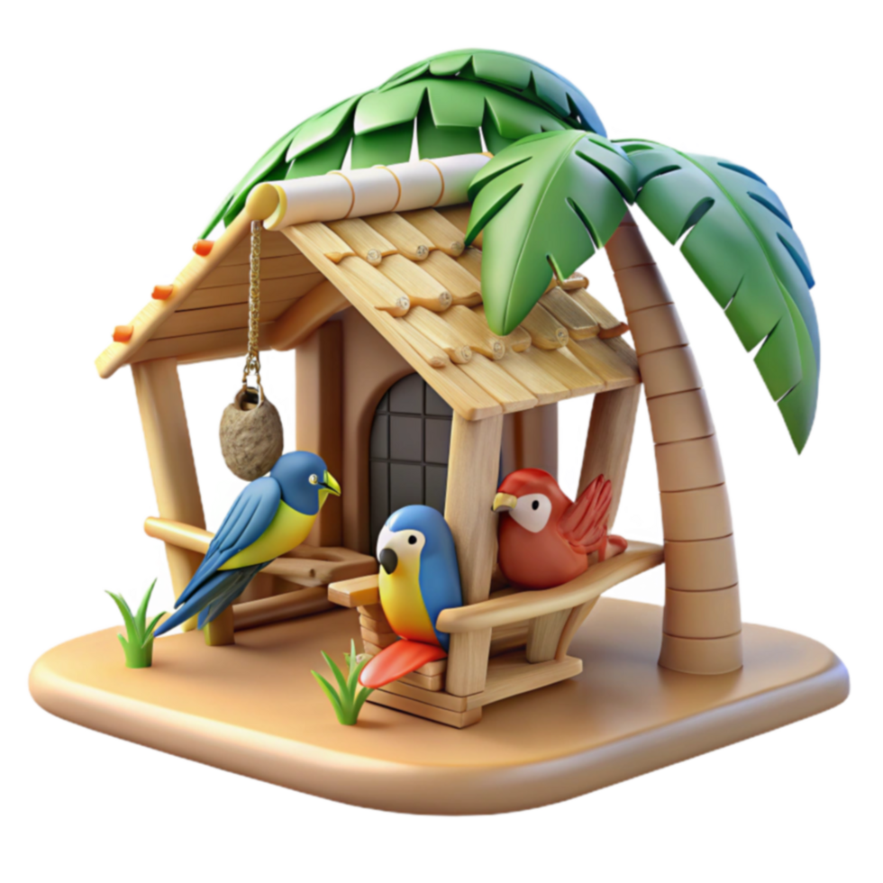 Tropical Birdhouse with Palm Tree Colorful Birds png