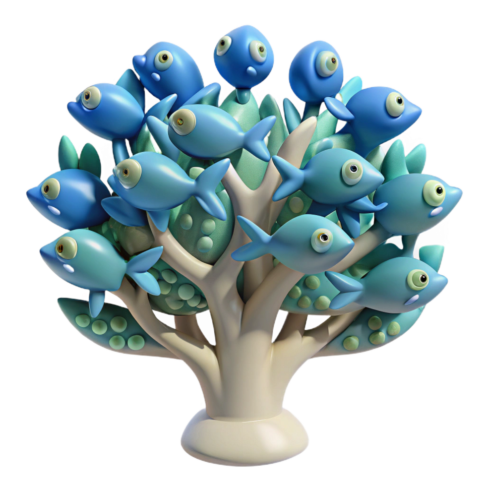 Whimsical Fish Tree 3D Render of Cartoon Aquatic Life png