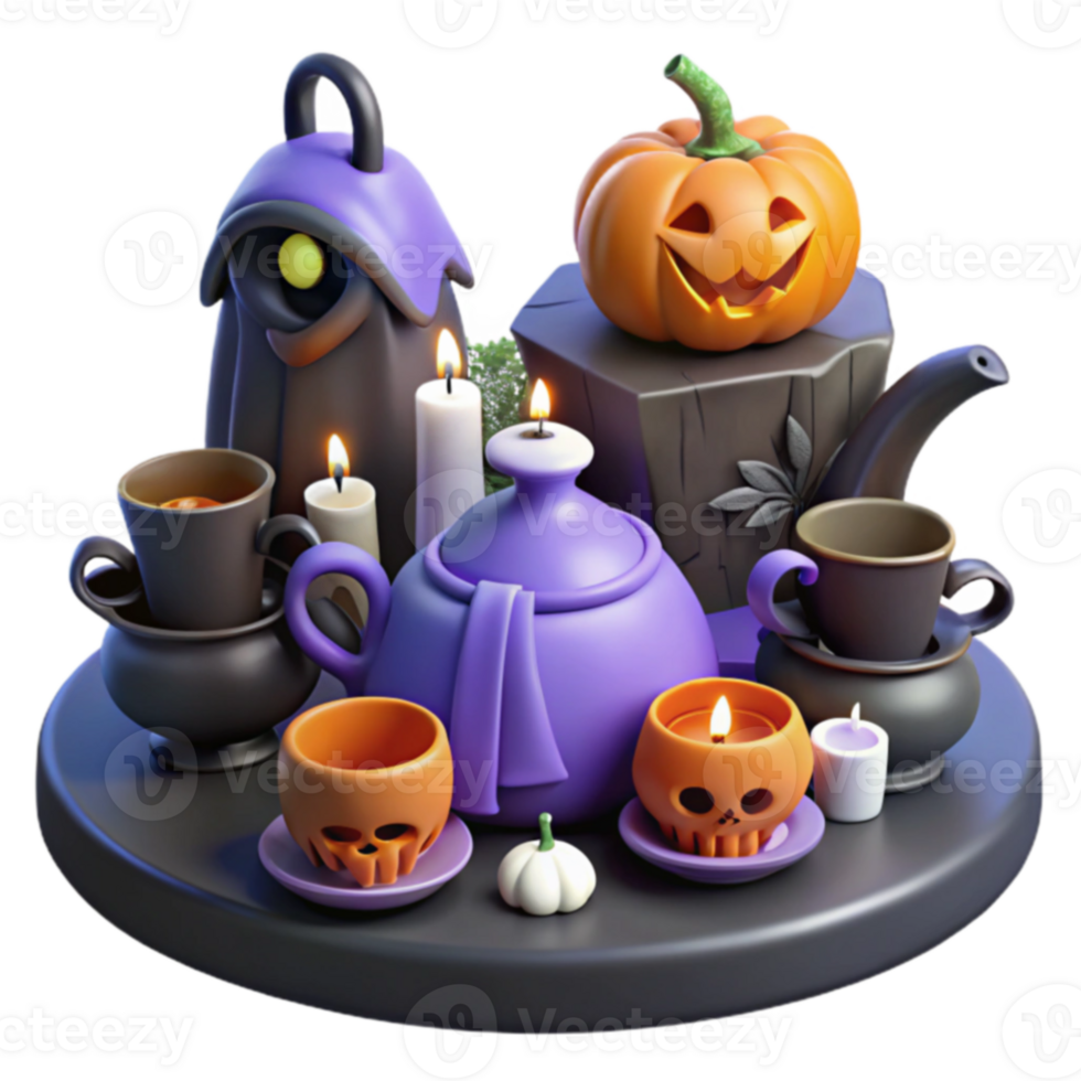 Spooky Halloween Tea Party Candles, Pumpkins, and Teapot png