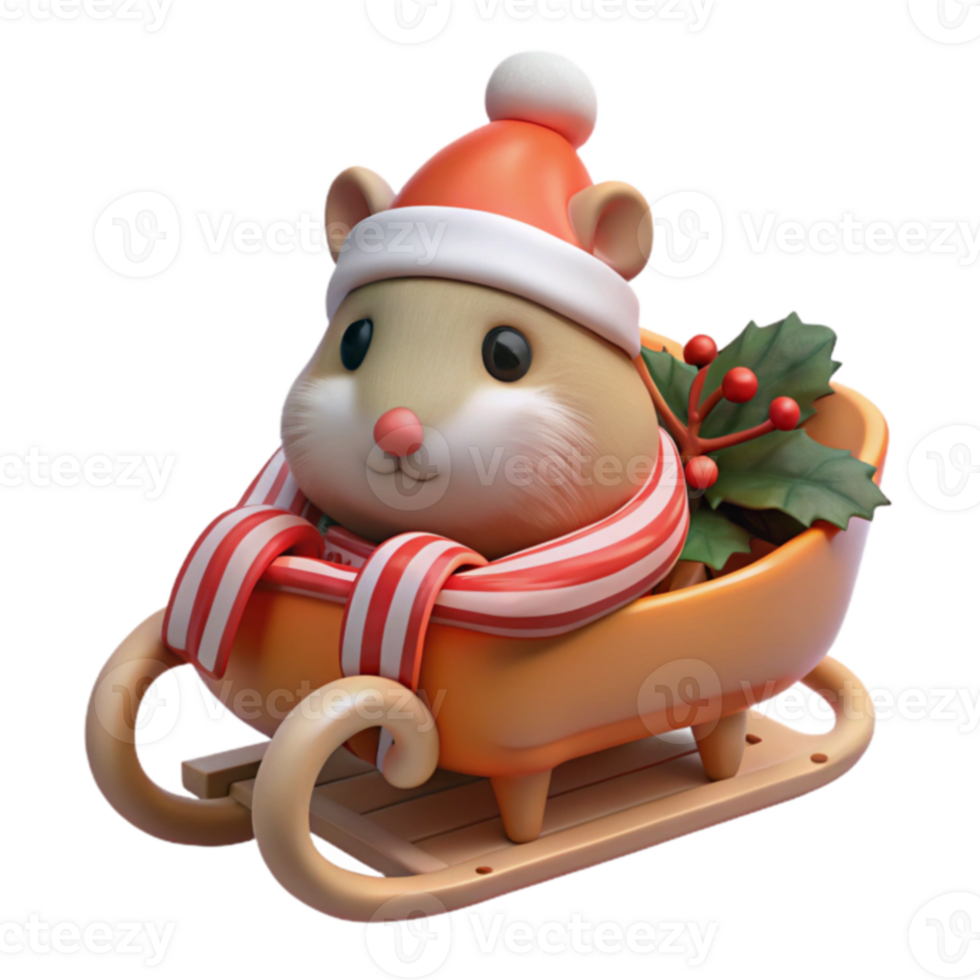 Adorable Hamster in Holiday Sleigh 3D Render png