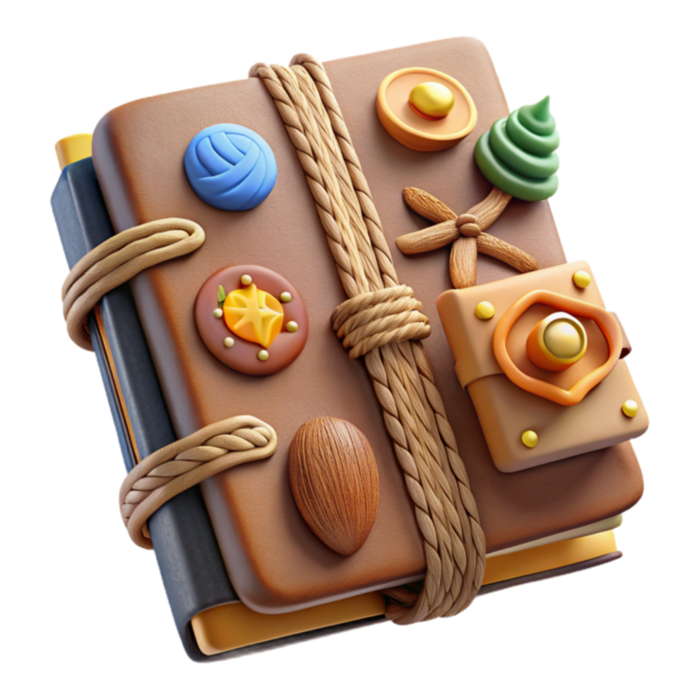 Enchanted Journal 3D Render of Mythical Book with Rope and Charms png