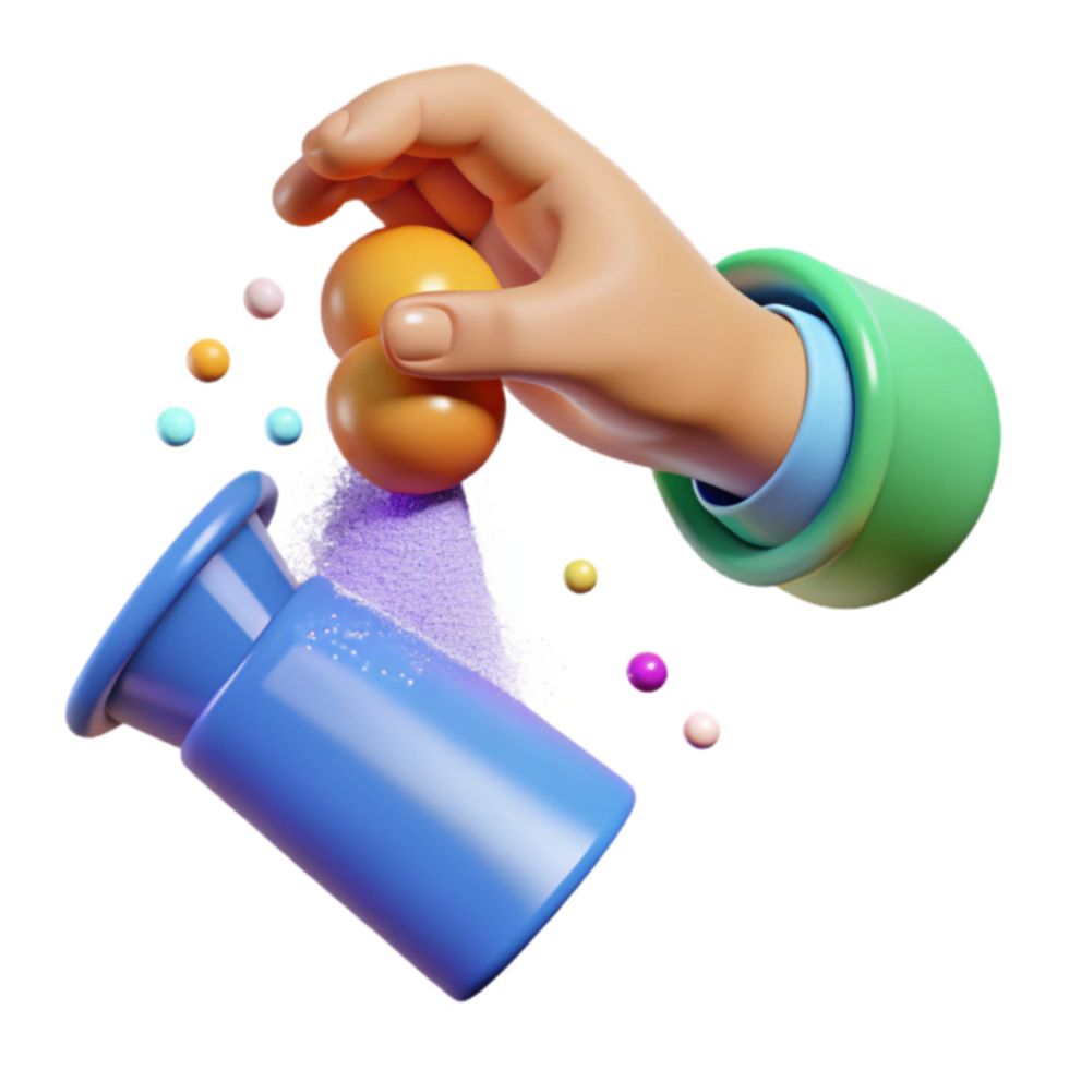 3D Render Hand Adding Colorful Spheres to Container png
