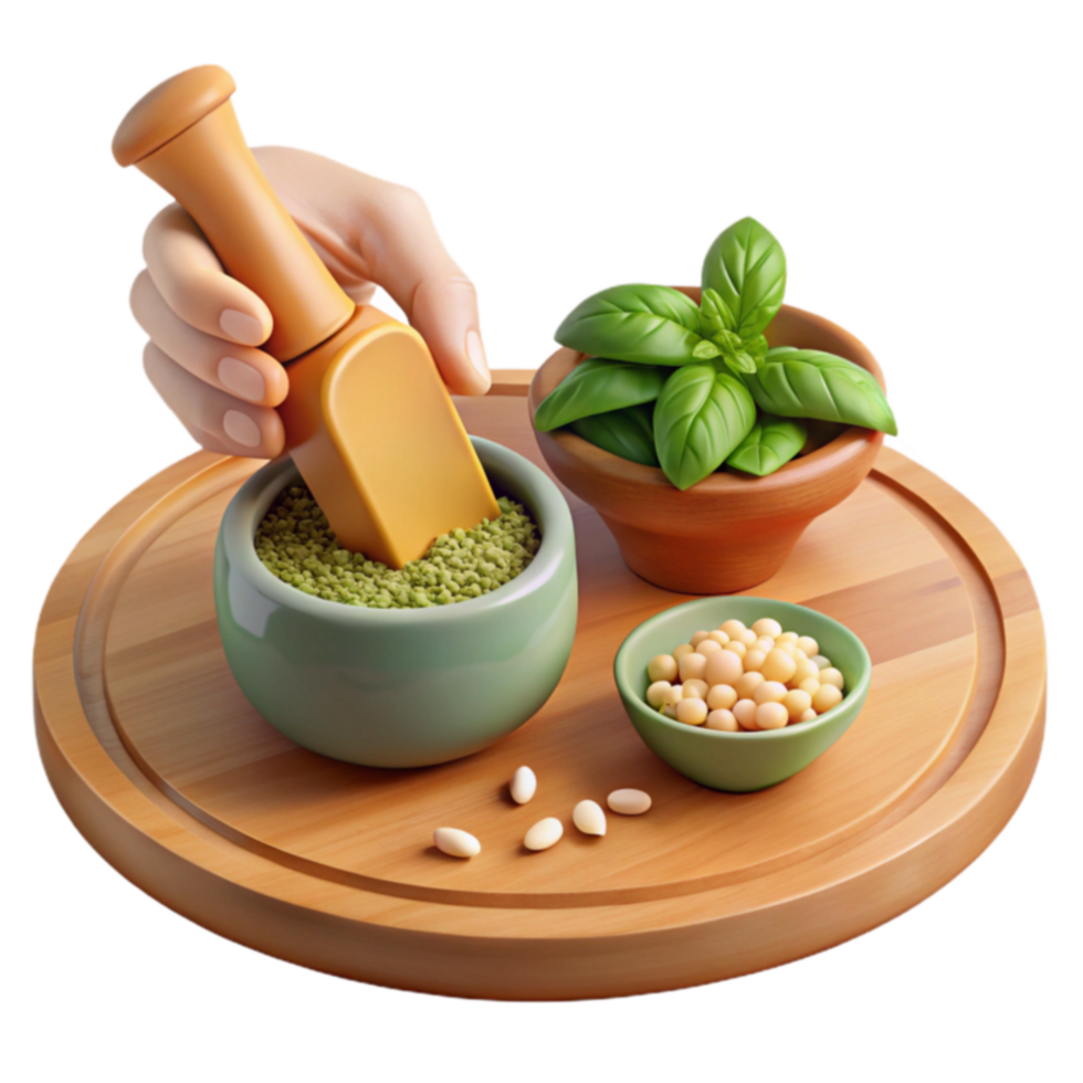 Making Pesto A Step-by-Step Guide with Fresh Basil, Pine Nuts, and Seeds png
