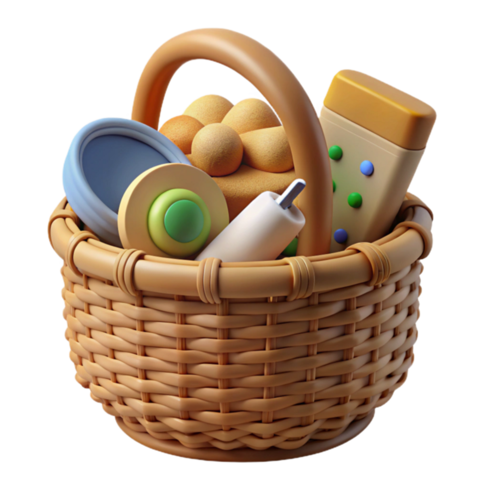 Wicker Basket of Assorted Items 3D Render png