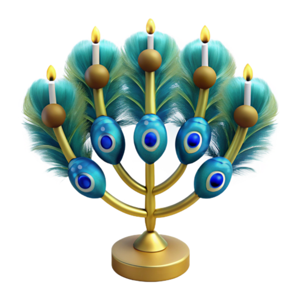 Peacock Feather Menorah with Evil Eye Details png