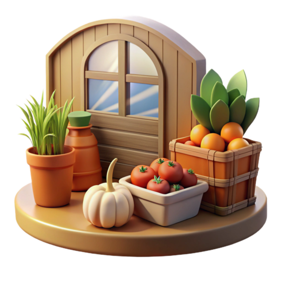 Autumn Harvest Window Scene 3D Render of Fall Vegetables png
