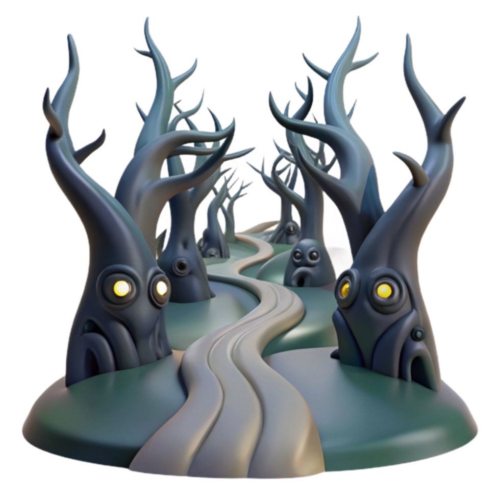 Spooky Forest Path 3D Render of Twisted Trees png