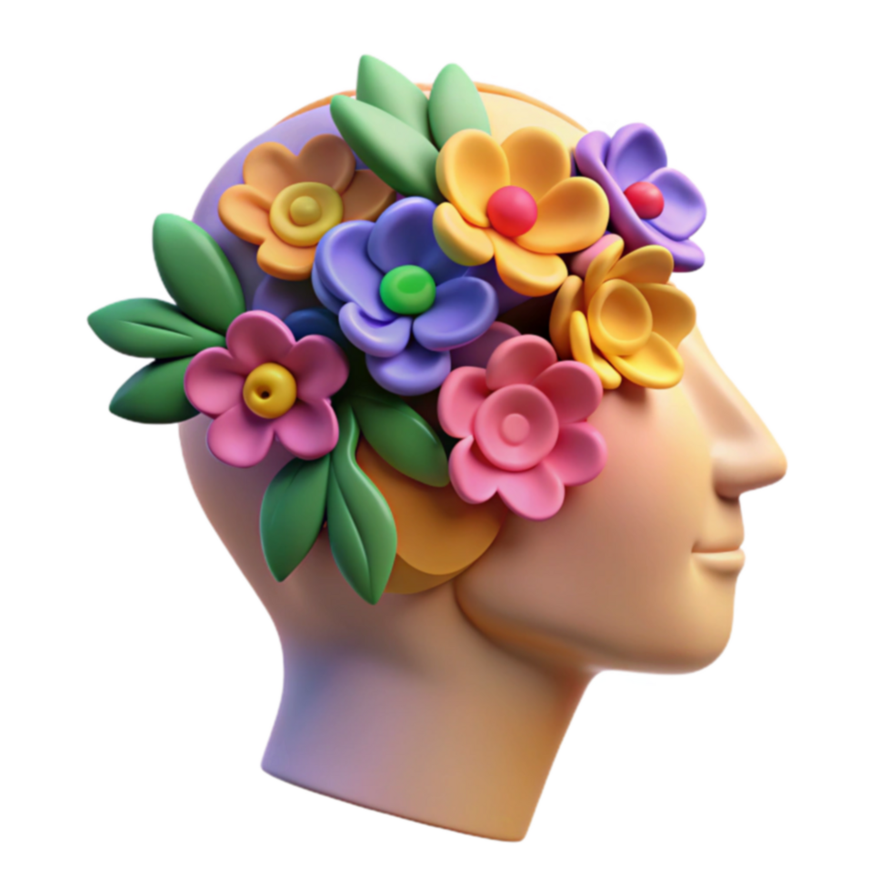 Blooming Mind 3D Render of Head with Flowers png