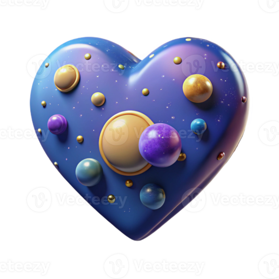 Cosmic Heart 3D Render of a Blue Heart with Planets png