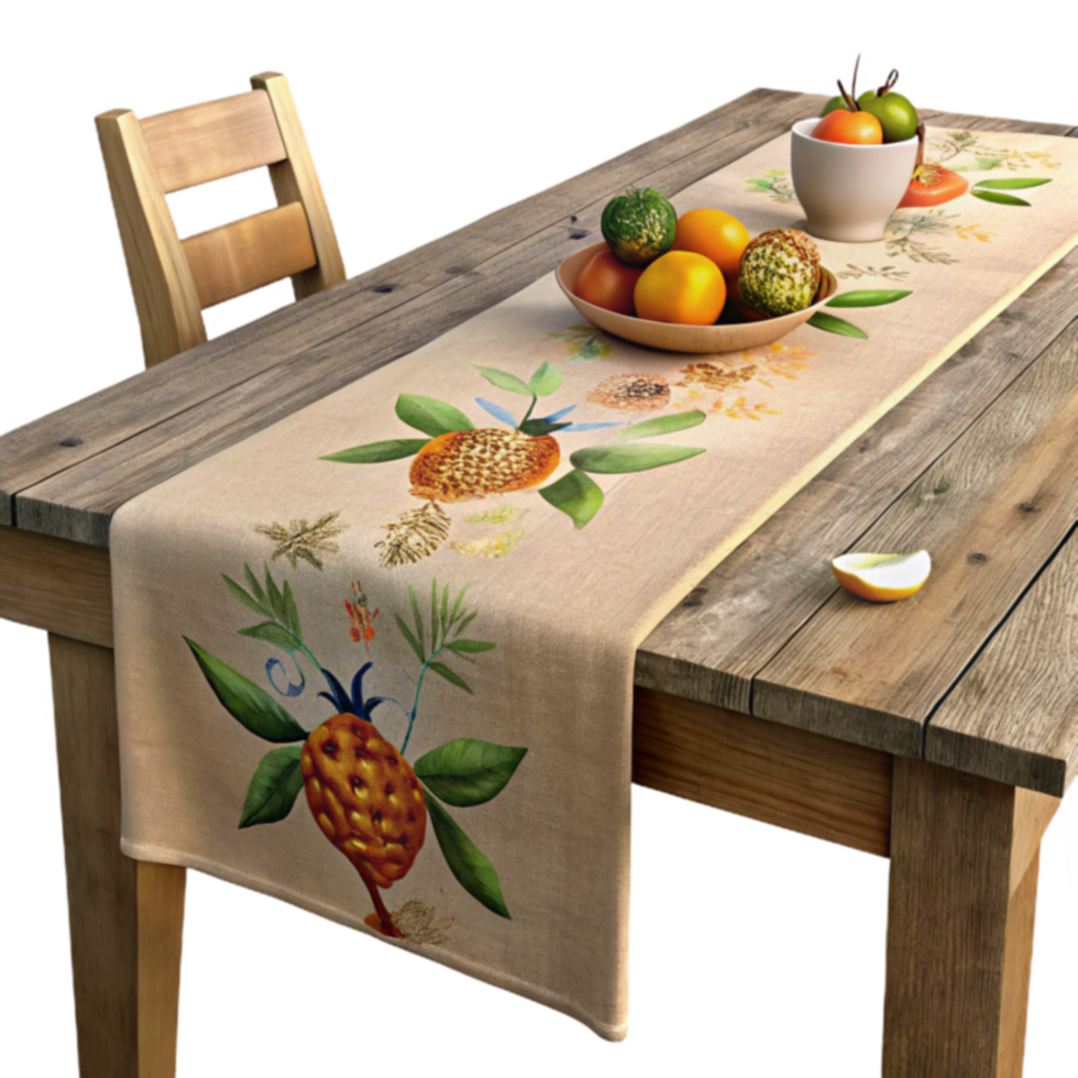 Table Runner Pineapple and Citrus Fruit Design, Beige Linen png