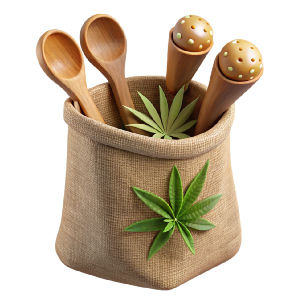 Wooden Spoons, Herbal Spices, Burlap Sack Natural Ingredients png