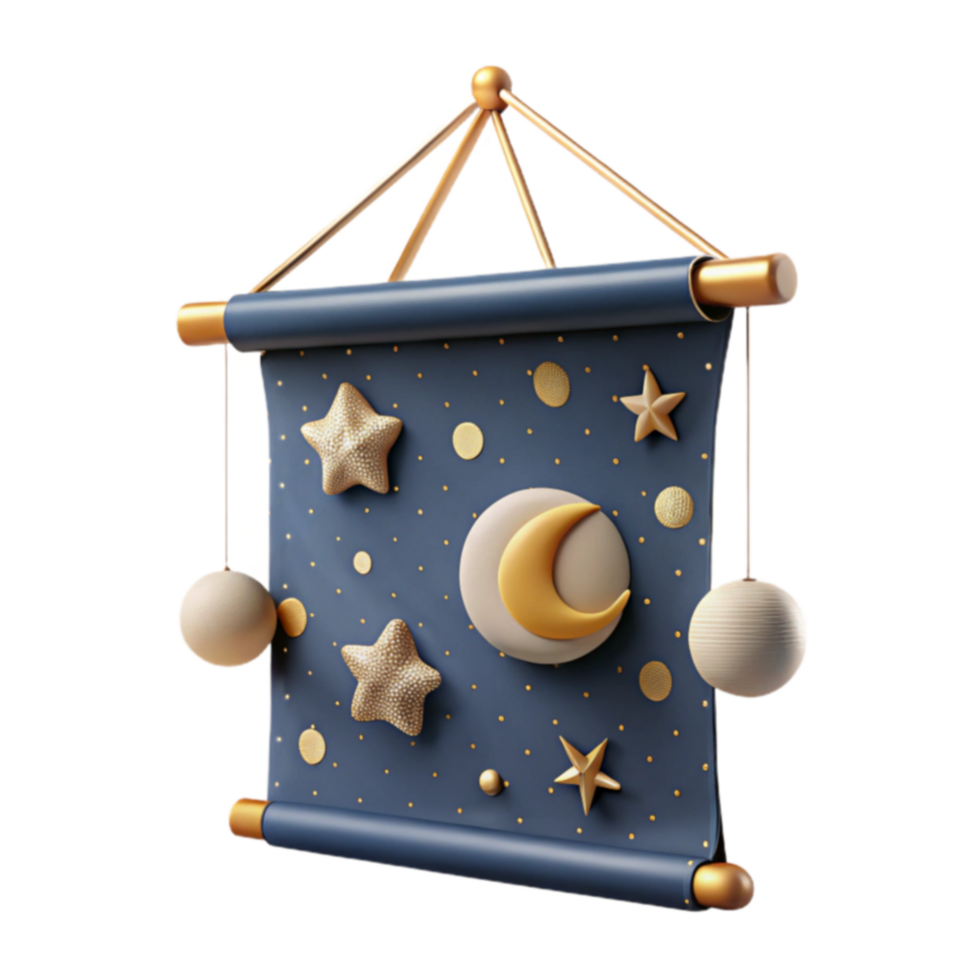 Celestial Night Scroll 3D Render of Moon, Stars, and Planets png