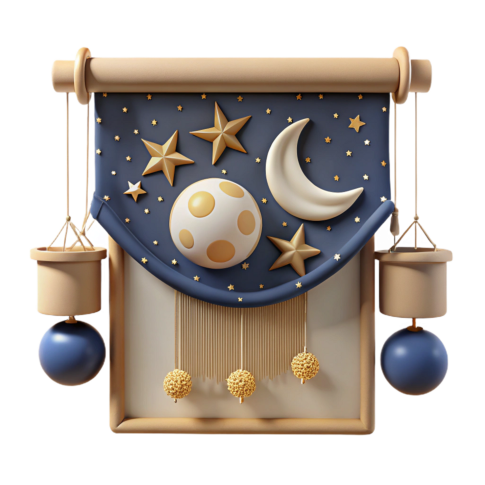 Celestial Night Tapestry 3D Render of Moon, Stars, and Planets png