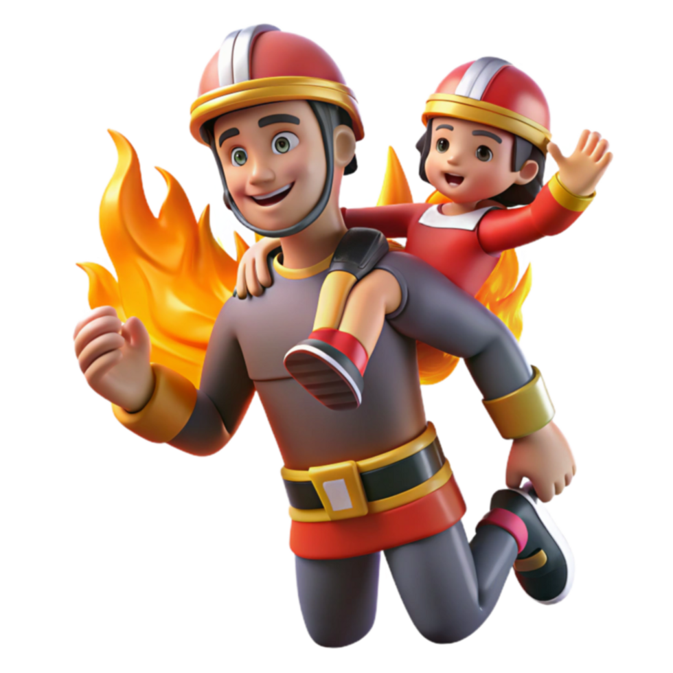 Firefighter and Child 3D Render of Brave Rescue png
