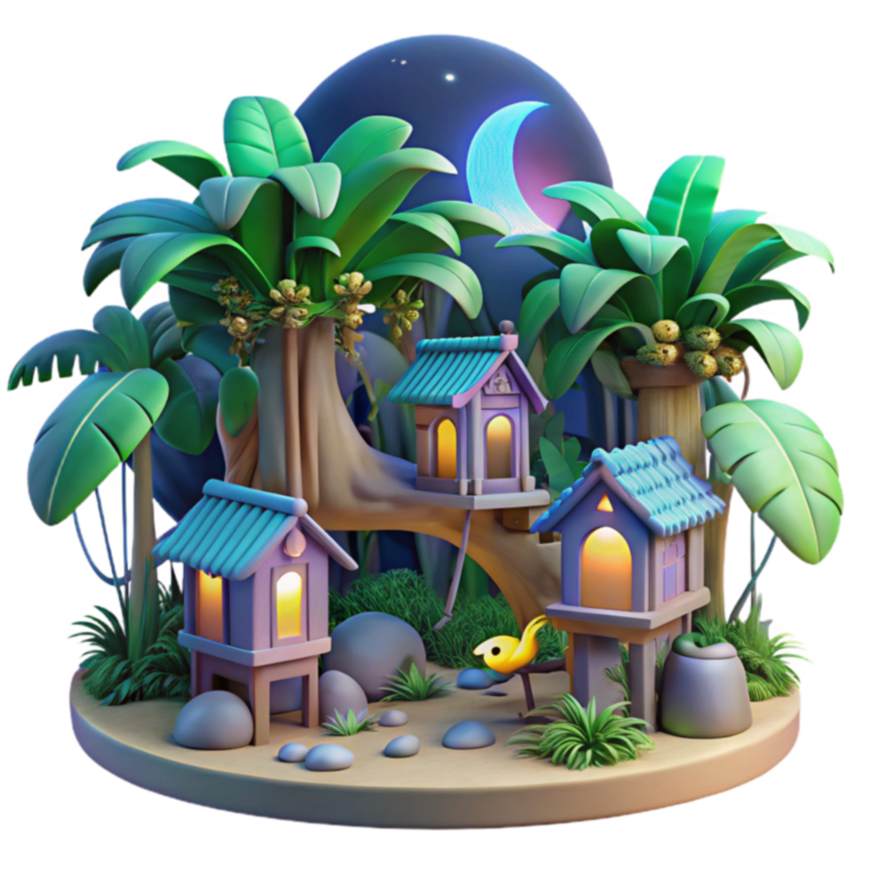 Tropical Night Scene Moonlit Birdhouses in Lush Foliage png