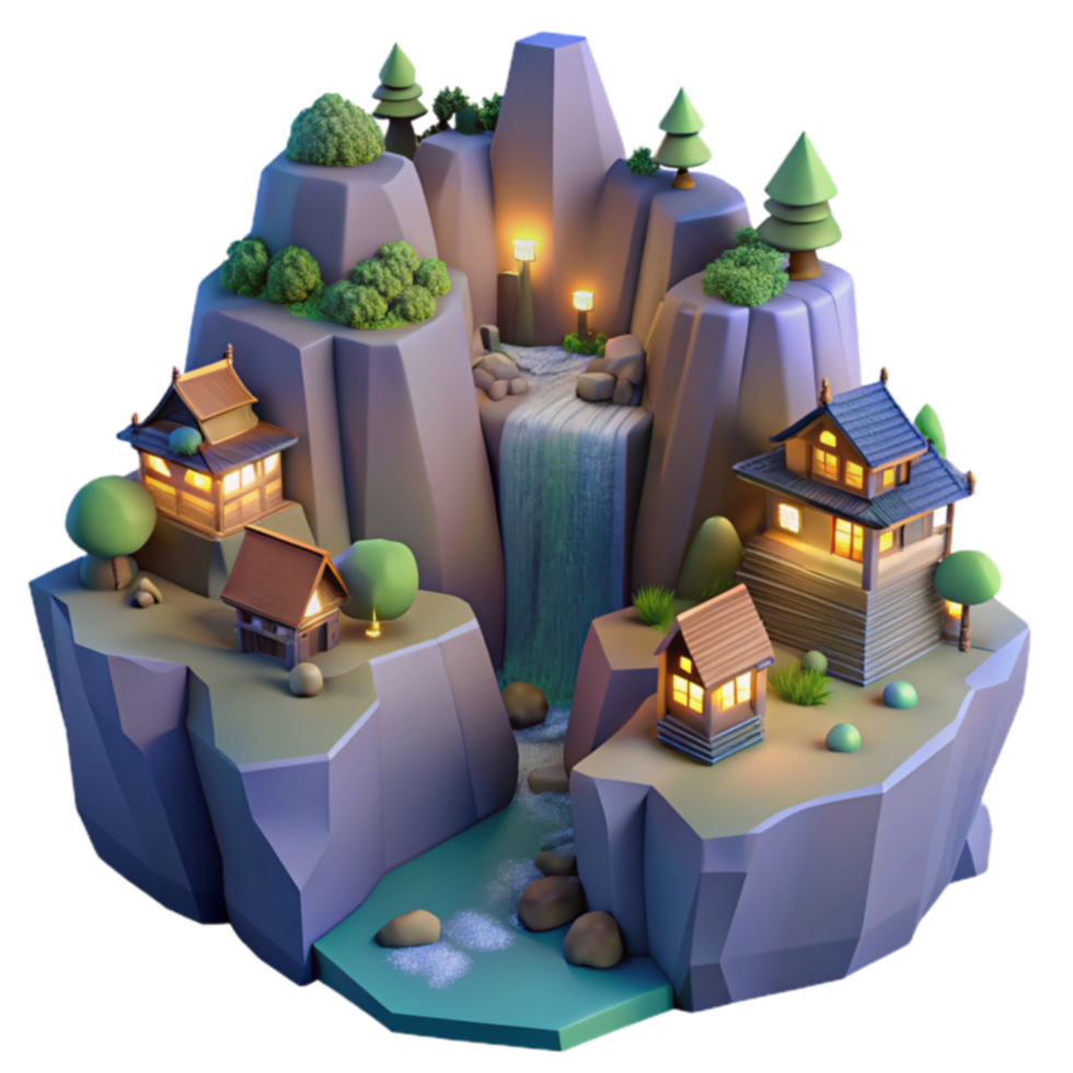 Mountaintop Village Low-Poly 3D Waterfall Scene png