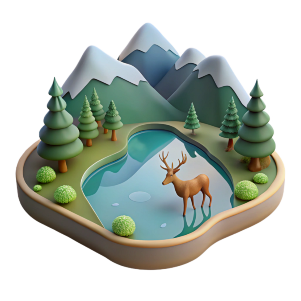 Mountain Lake Deer 3D Render Scenic Landscape png