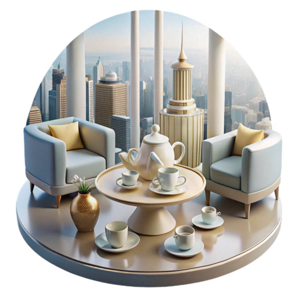 Cityscape Tea Time Elegant Lounge with Panoramic View png