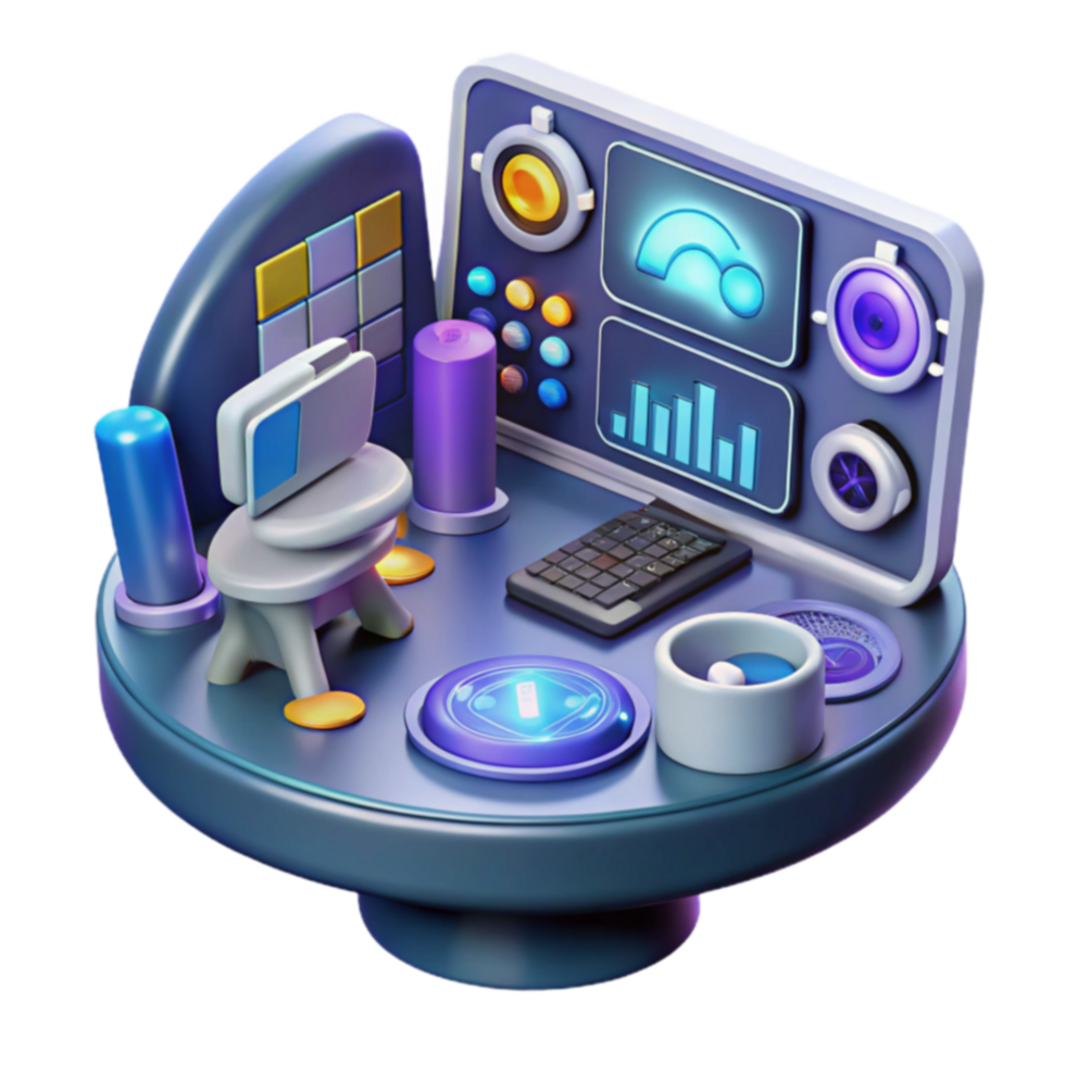 Smart Home Workspace Futuristic Desk Setup with Interactive Display png