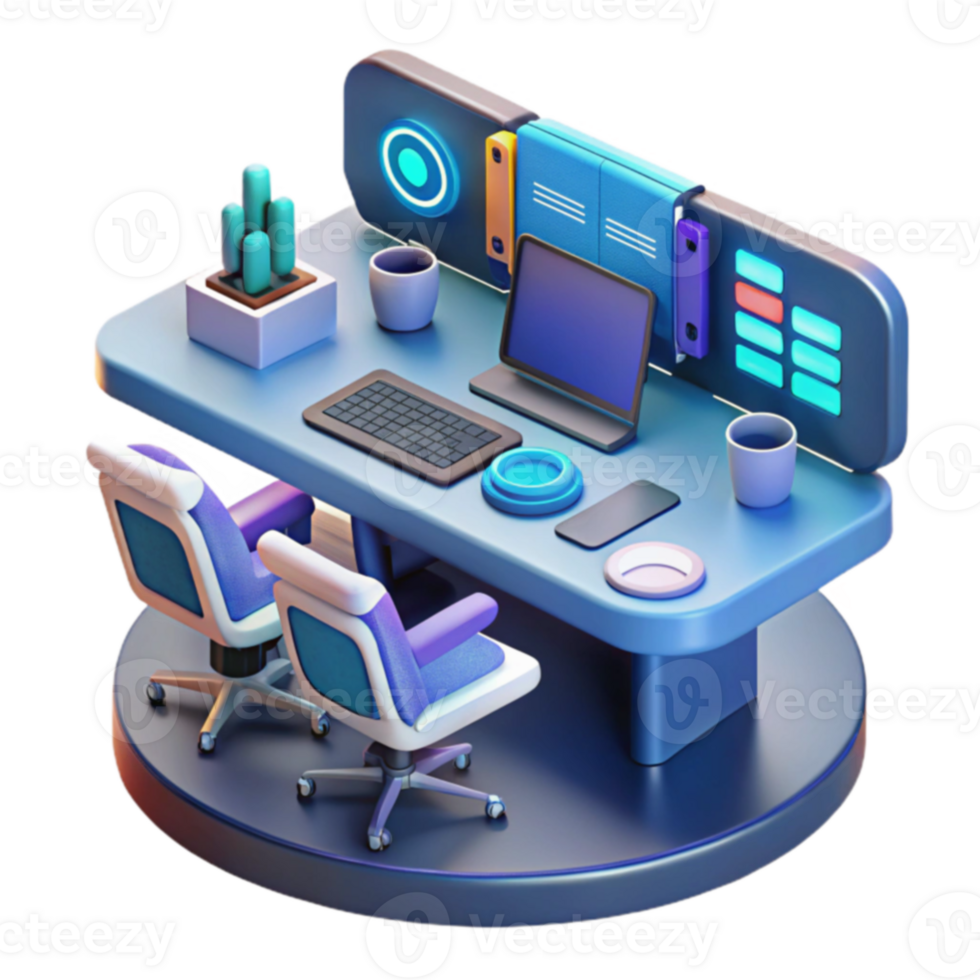 Modern Workspace Setup Desk, Chairs, Computer, and Accessories png