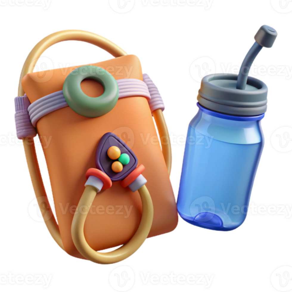 Hydration Pack and Water Bottle 3D Render of Cartoonish Backpack and Drinkware png