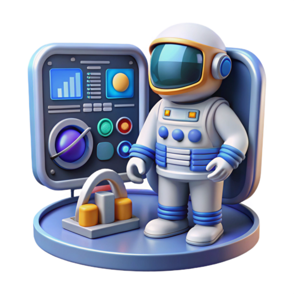 Astronaut and Spacecraft Control Panel 3D Render png