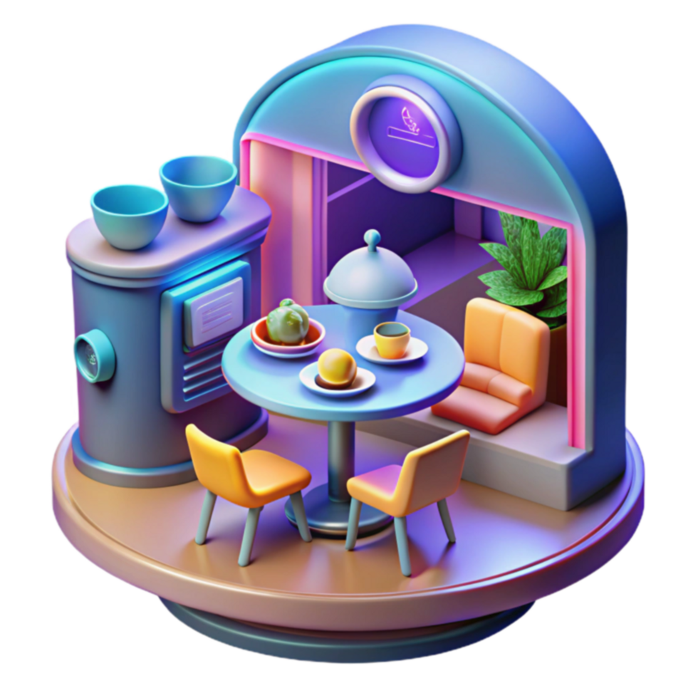 3D Render of Cozy Cafe Interior Table, Chairs, Food png