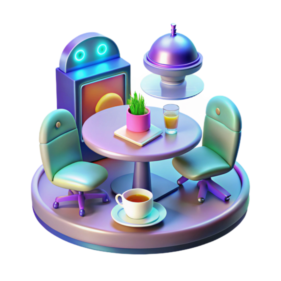 Futuristic Cafe 3D Render of Table, Chairs, and Drinks png