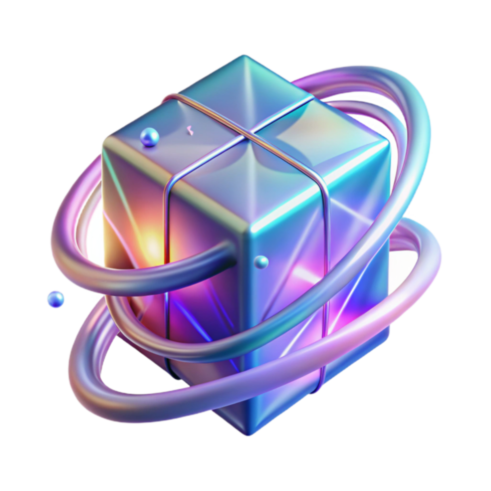 Iridescent Cube with Orbiting Rings 3D Render png