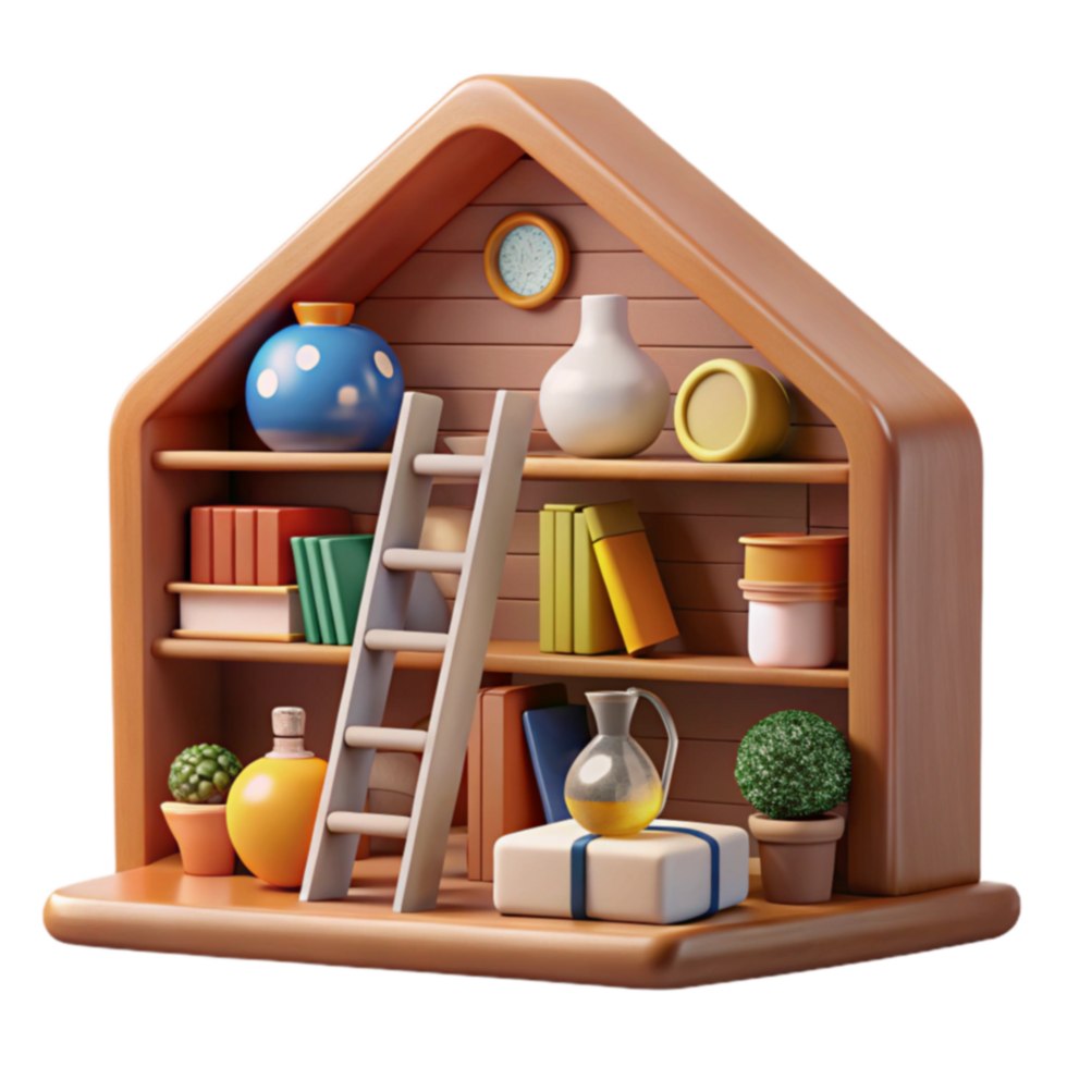 Miniature House Shelf with Books, Plants Decor png