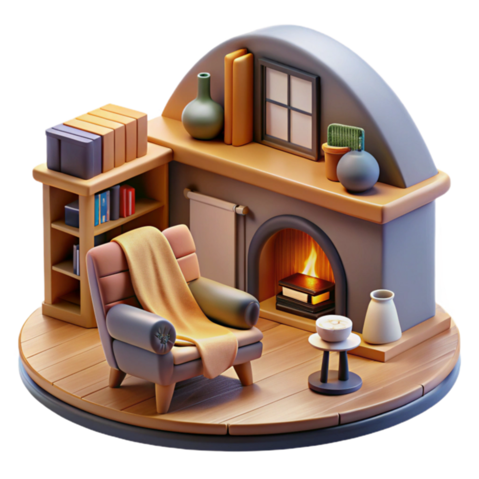 Cozy Fireplace Room 3D Rendered Interior Scene png