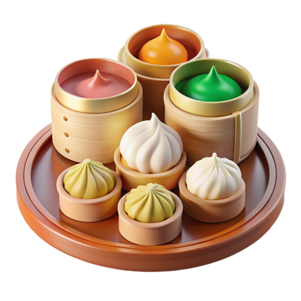 Assorted Steamed Buns Dumplings on Wooden Tray png