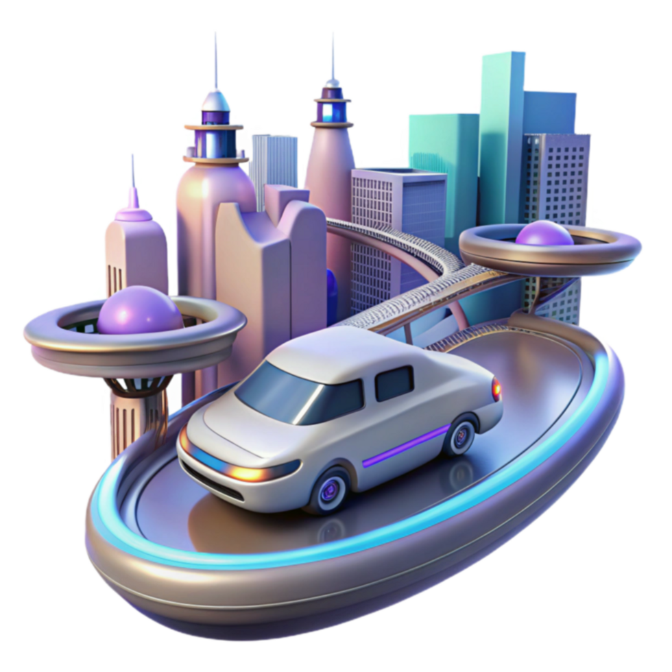 Futuristic Cityscape Autonomous Vehicle on Elevated Track png