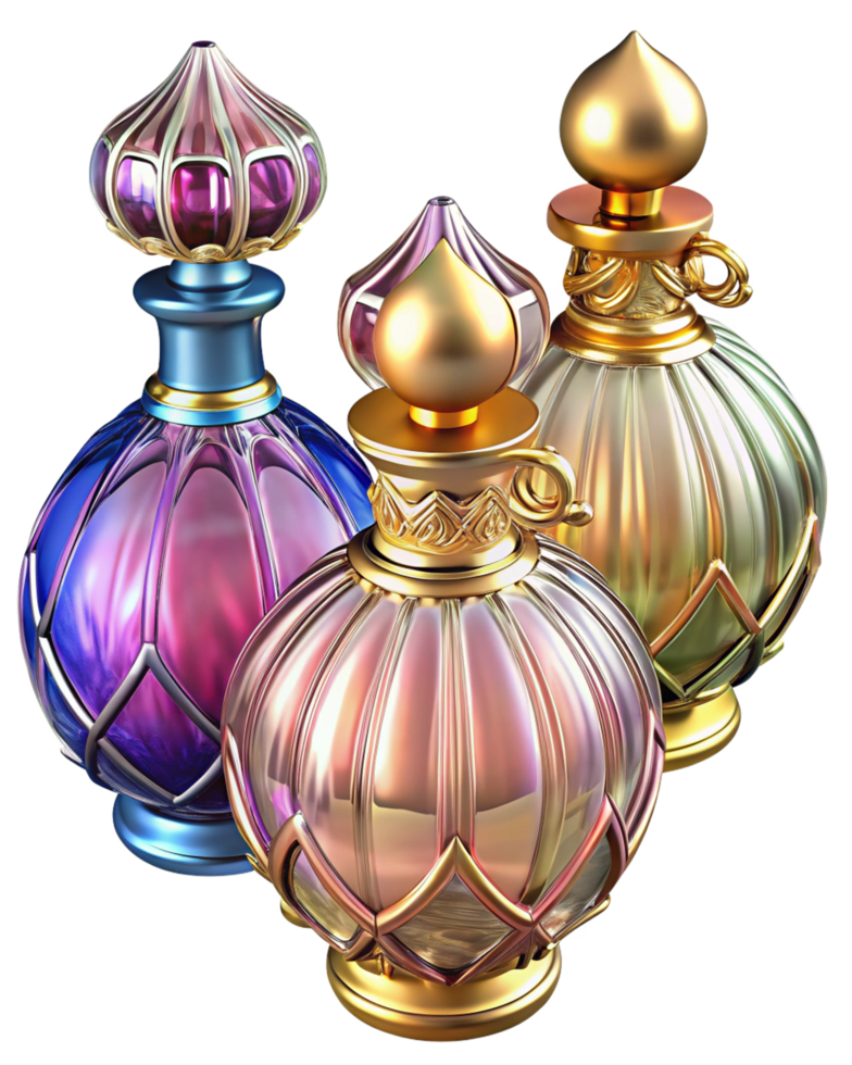 Elegant glass perfume bottle with embossed details png