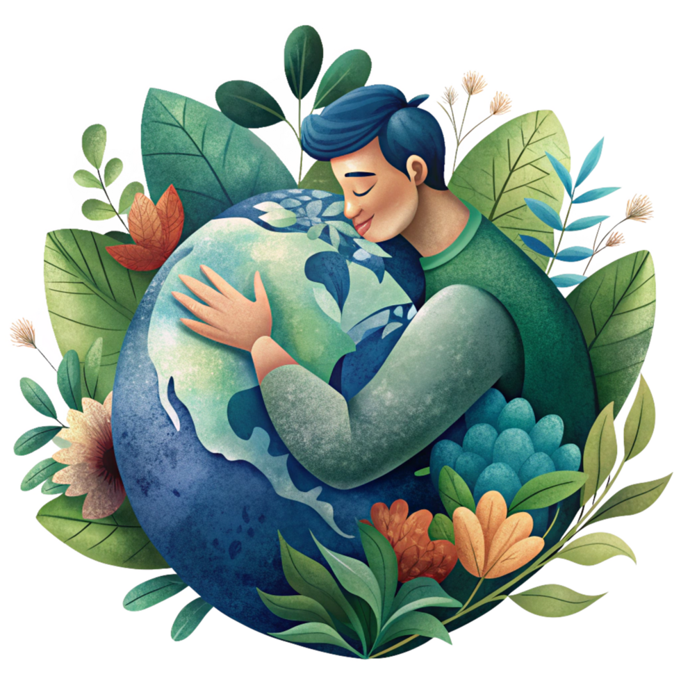 Man deeply connected to the planet with nature elements png