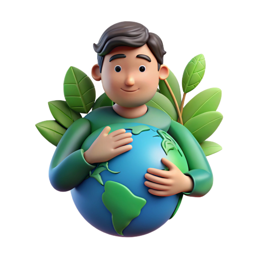 Man embracing nature while holding the planet png