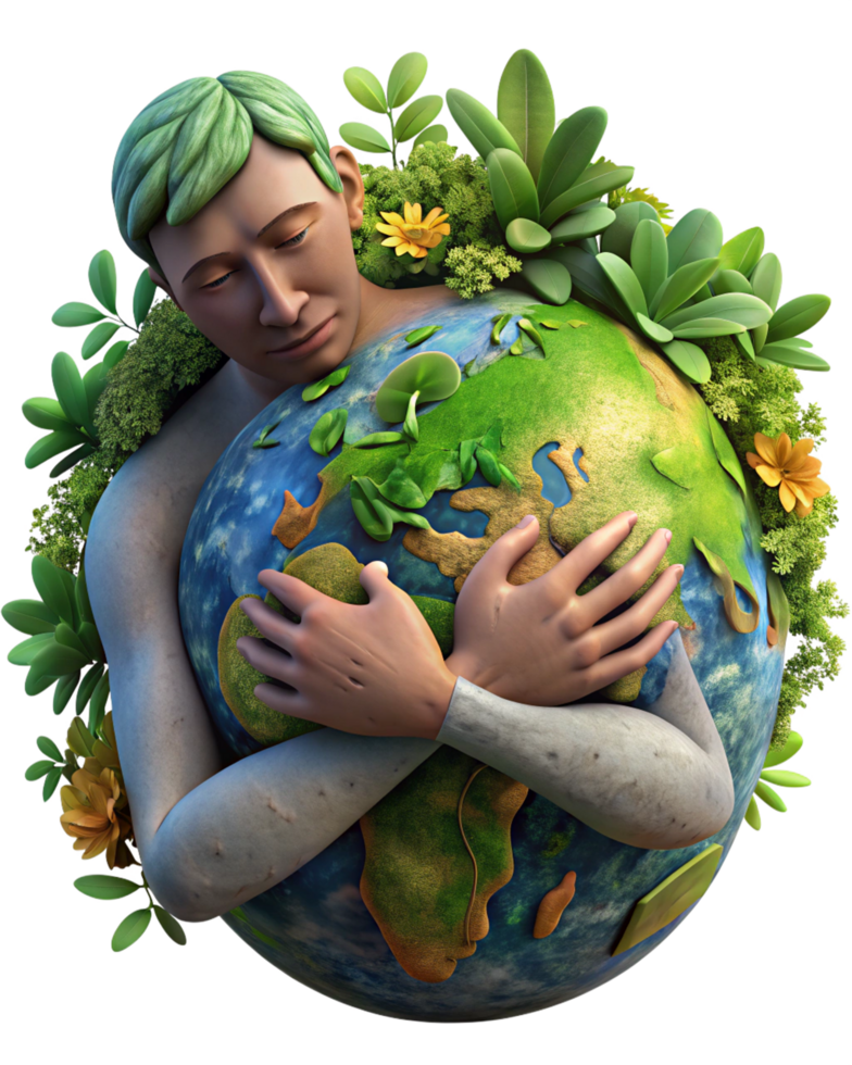 Eco hero hugging the planet with green elements png