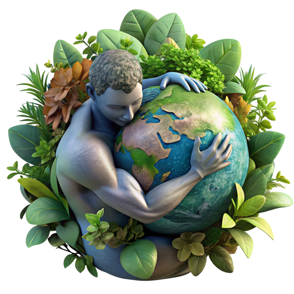 Man embracing sustainability with the planet png