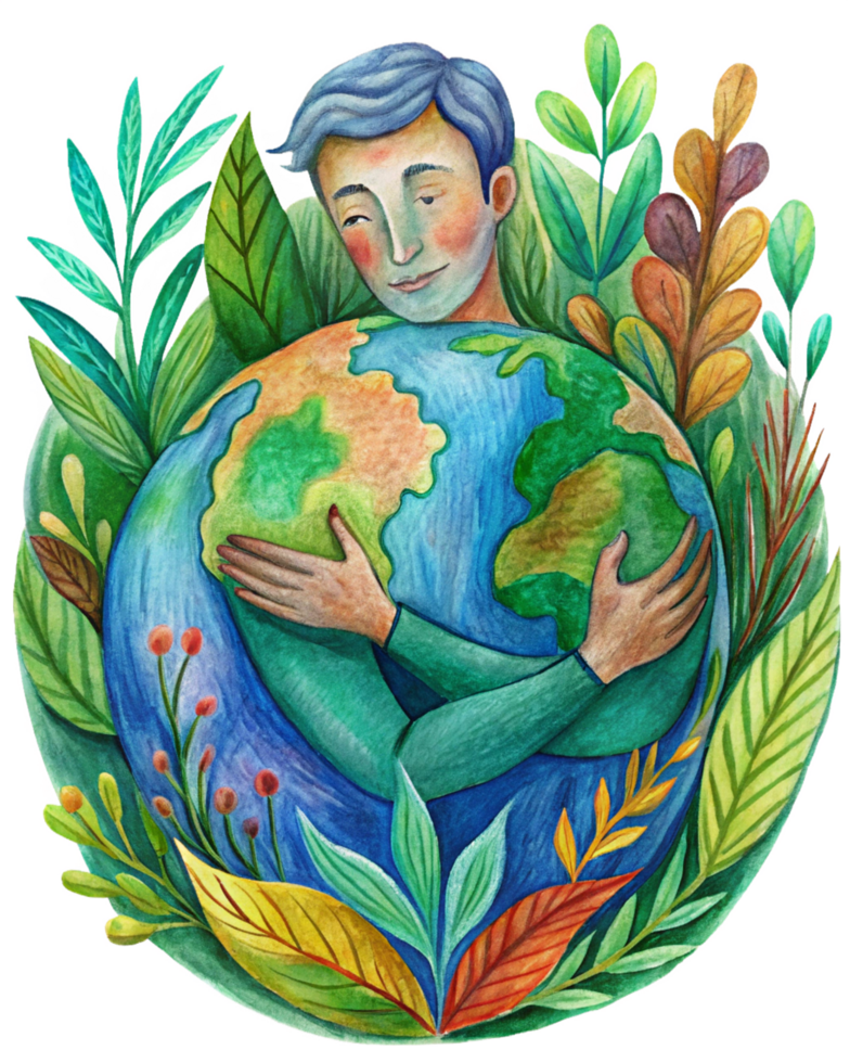 Man demonstrating global care with flowers and leaves png