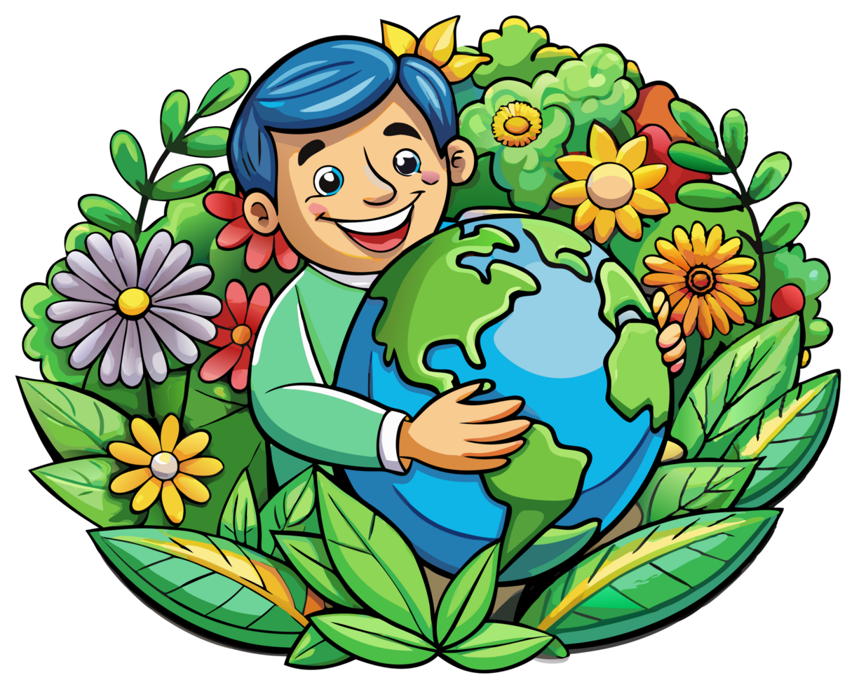Sustainable living concept with man hugging the globe png